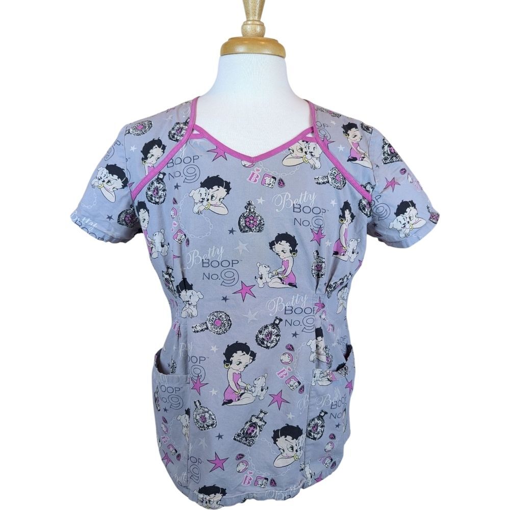 Betty Boop Scrub Top In Gray And Pink Size L